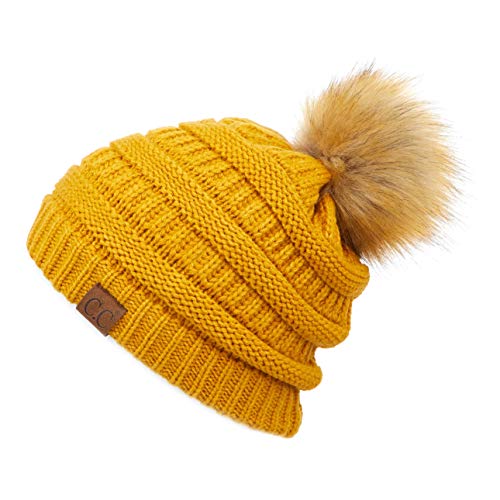 Hatsandscarf CC Exclusives Unisex Ombre Ribbed Confetti Knit Beanie with POM (HAT-43) (Mustard)