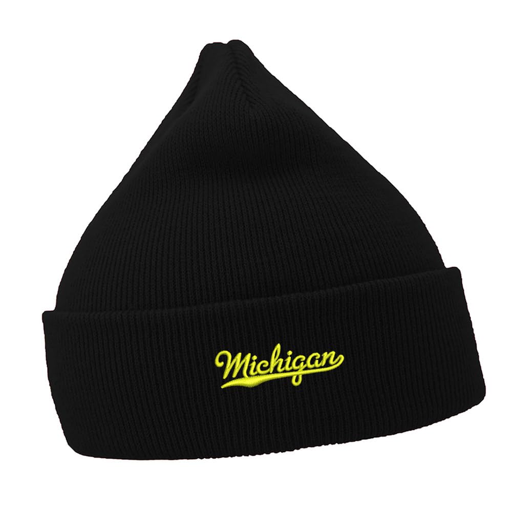 Lyprerazy Men's Casual Winter Knit Hat Embroidered Beanie for Michigan - MI Embroidery Unisex Beanies Hats (Black,Acrylic)