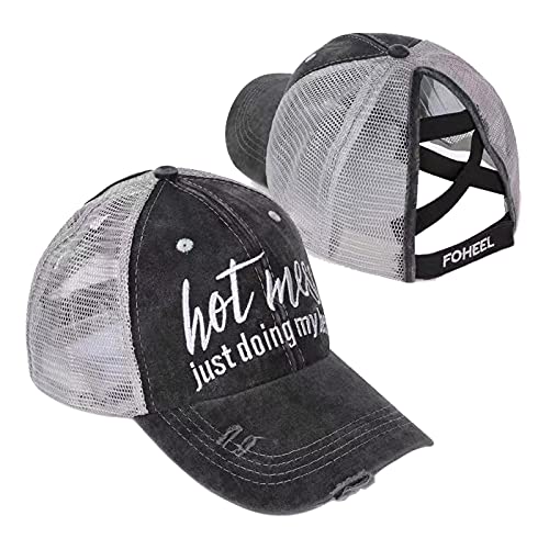 Distressed Criss Cross Ponytail Hat for Womens High Mesh Baseball Cap Distressed Messy Bun Trucker Hat Pony Hat Hot Mess Just Doing My Best