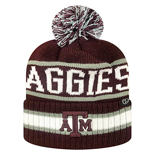 Zephyr NCAA Team Color-Retro Logo -Cuffed Knit Skully Beanie Pom Hat-Texas A&M-One Size Fits Most