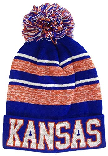 Kansas Men's Blended Stripe Winter Knit Pom Beanie Hat (Blue/Red)