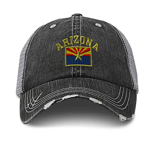 Distressed Trucker Hat Arizona State Flag Letters Embroidery for Men & Women Black Gray