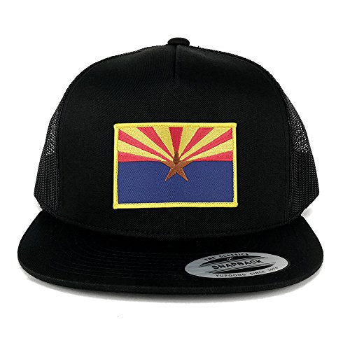 Flexfit 5 Panel Arizona Home State Flag Embroidered Patch Snapback Mesh Trucker Cap - Black