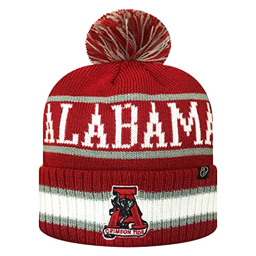 Zephyr NCAA Team Color-Retro Logo -Cuffed Knit Skully Beanie Pom Hat-Alabama Crimson Tide-One Size Fits Most