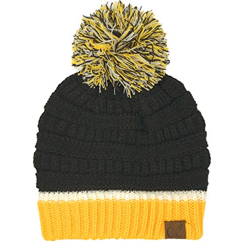 CC Football Basketball Team Colors Pom Winter Chunky Stretchy Knit Beanie Hat (Black/Gold)