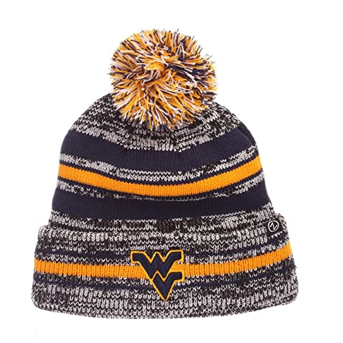Zephyr West Virginia Mountaineers Mens Cuffed Titanium Beanie Hat with Pom - NCAA Cuff Knit Hat Team Color