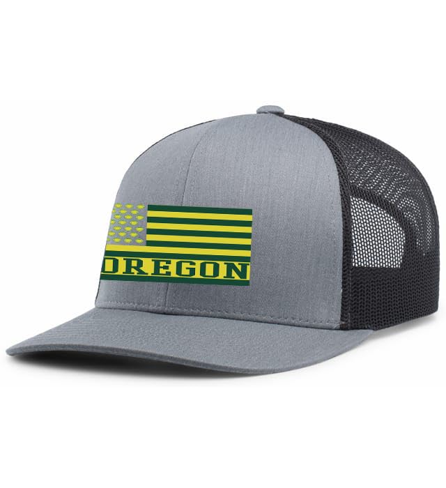 Oregon Football Team Colors American Flag Embroidered Football Team Flag Mesh Back Trucker Hat, Heather Grey/Black