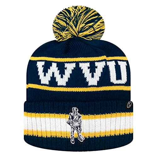 Zephyr NCAA Team Color-Retro Logo -Cuffed Knit Skully Beanie Pom Hat-West Virginia Mountaineers-One Size Fits Most