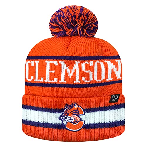 Zephyr NCAA Team Color-Retro Logo -Cuffed Knit Skully Beanie Pom Hat-Clemson Tigers-One Size Fits Most