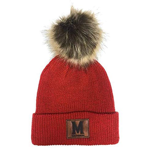 Route One Apparel | University of Maryland M Logo Leather Patch Slouchy Knit Beanie Cap with Fur Pom (Red)