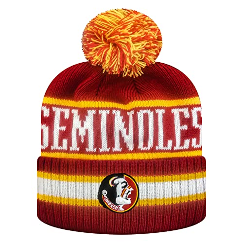 Zephyr NCAA Team Color-Retro Logo -Cuffed Knit Skully Beanie Pom Hat-Florida State-One Size Fits Most
