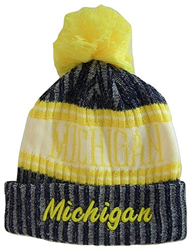 Michigan Plush Lined Embroidered Winter Knit Pom Beanie Hat (Navy/Gold Script)