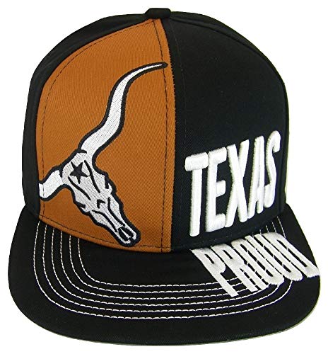 Texas Proud 2-Tone Split Text Snapback Baseball Cap with Longhorn and Flag (Black)