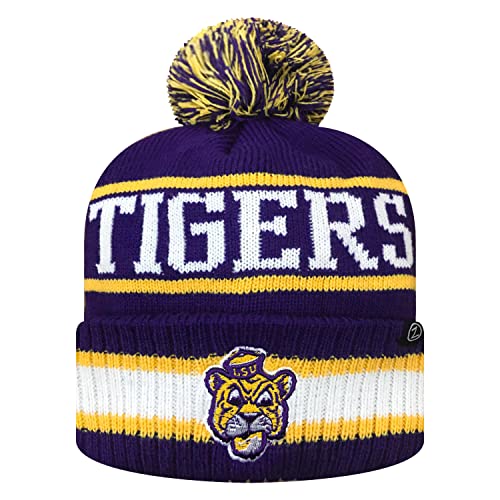 Zephyr NCAA Team Color-Retro Logo -Cuffed Knit Skully Beanie Pom Hat-LSU Tigers-One Size Fits Most