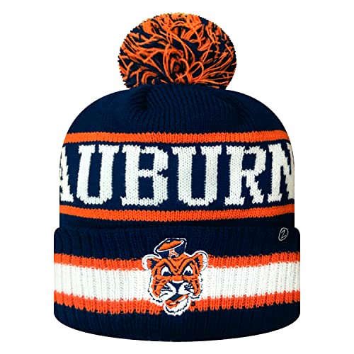 Zephyr NCAA Team Color-Retro Logo -Cuffed Knit Skully Beanie Pom Hat-Auburn-One Size Fits Most