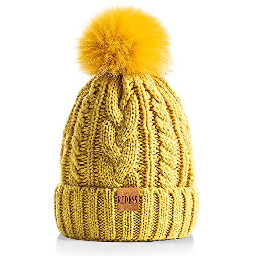 REDESS Women Winter Pompom Beanie Hat with Warm Fleece Lined, Thick Slouchy Snow Knit Skull Ski Cap