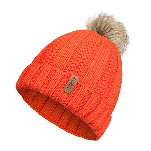 SAMZX Womens Winter Hat Thick Cable Knit Warm Beanie for Women with Faux Fur Pom Pom Hat Orange