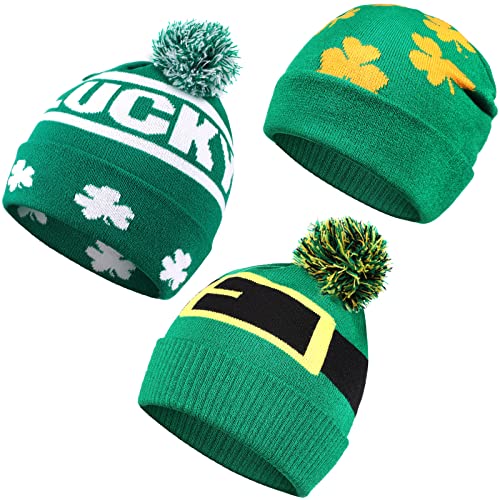 Vicenpal 3 Pcs St Patrick's Day Beanie Shamrock Winter Hat St Patricks Day Accessories Green Lucky Irish Shamrock Hat for Woman And Man