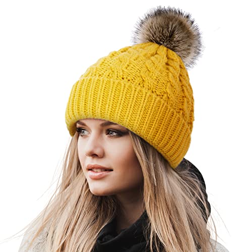 Livingston Knit Beanie Women's Winter Fleece Lined Beanie Hat with Faux Fur Pom Pom, Yellow