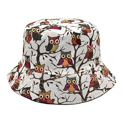 Enodtter Bucket Hat Owl Sitting on a Tree for Girl Women, Foldable Double Side Wear Reversible Printed Outdoor Travel Beach Sun Hat