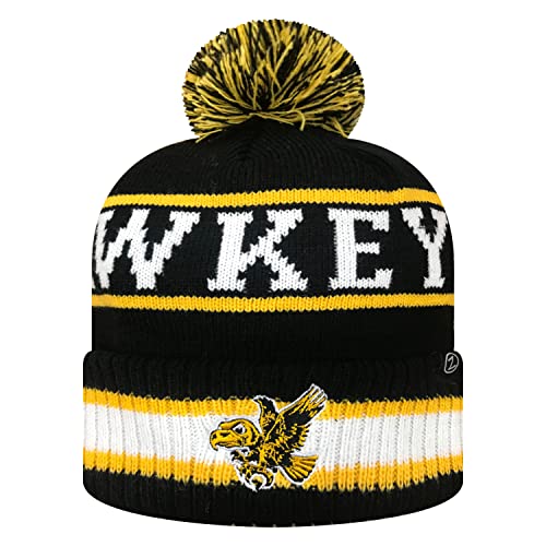 Zephyr NCAA Team Color-Retro Logo -Cuffed Knit Skully Beanie Pom Hat-Iowa-One Size Fits Most