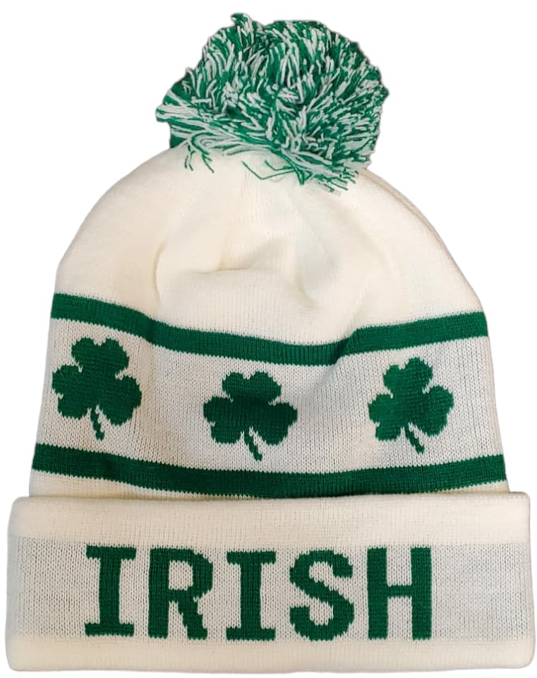 Irish Cuffed Pom Knit Hat Shamrock White