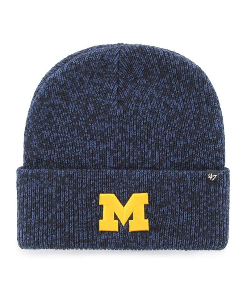 '47 Michigan Wolverines Mens Womens Brain Freeze Cuff Knit Stretch Fit Navy Blue Beanie with Yellow Gold Logo