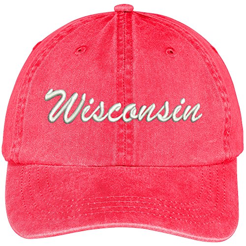 Trendy Apparel Shop Wisconsin State Embroidered Low Profile Adjustable Cotton Cap - Red