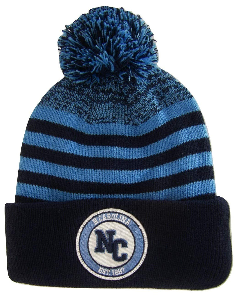 North Carolina Winter Knit Pom Beanie Hat (Dark Blue/Teal Striped)