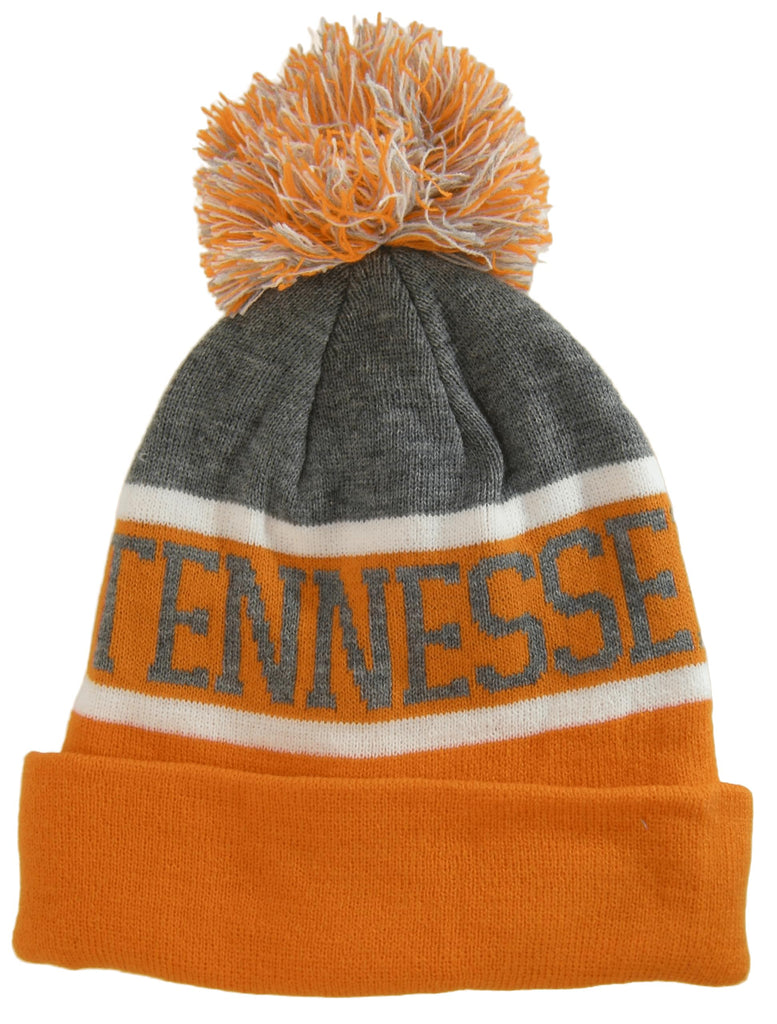 Tennessee Wide Stripe Winter Knit Pom Beanie Hat (Gray/Orange)