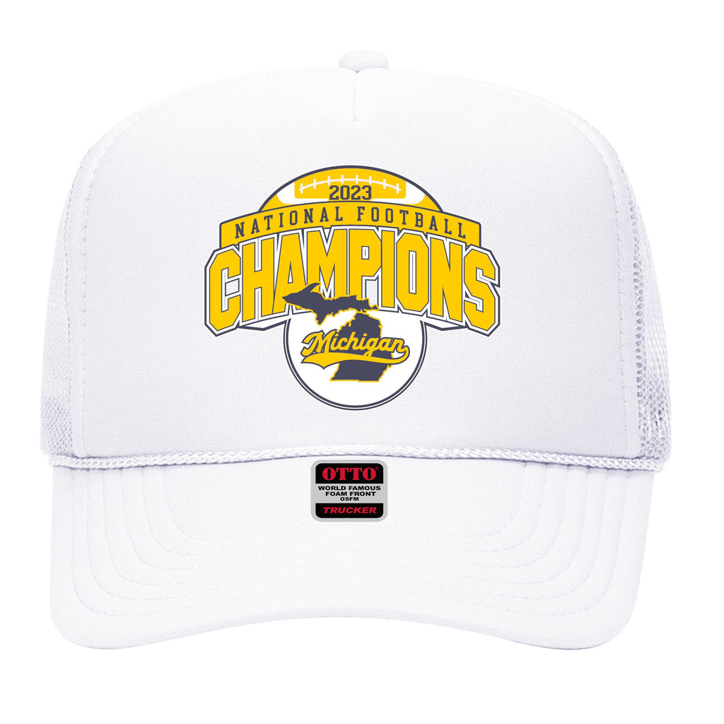 Michigan Football 2023-2024 National Champions Trucker Hat - Team Mesh Snapback Cap for Wolverine Fans Men & Women (US, Alpha, One Size, White)