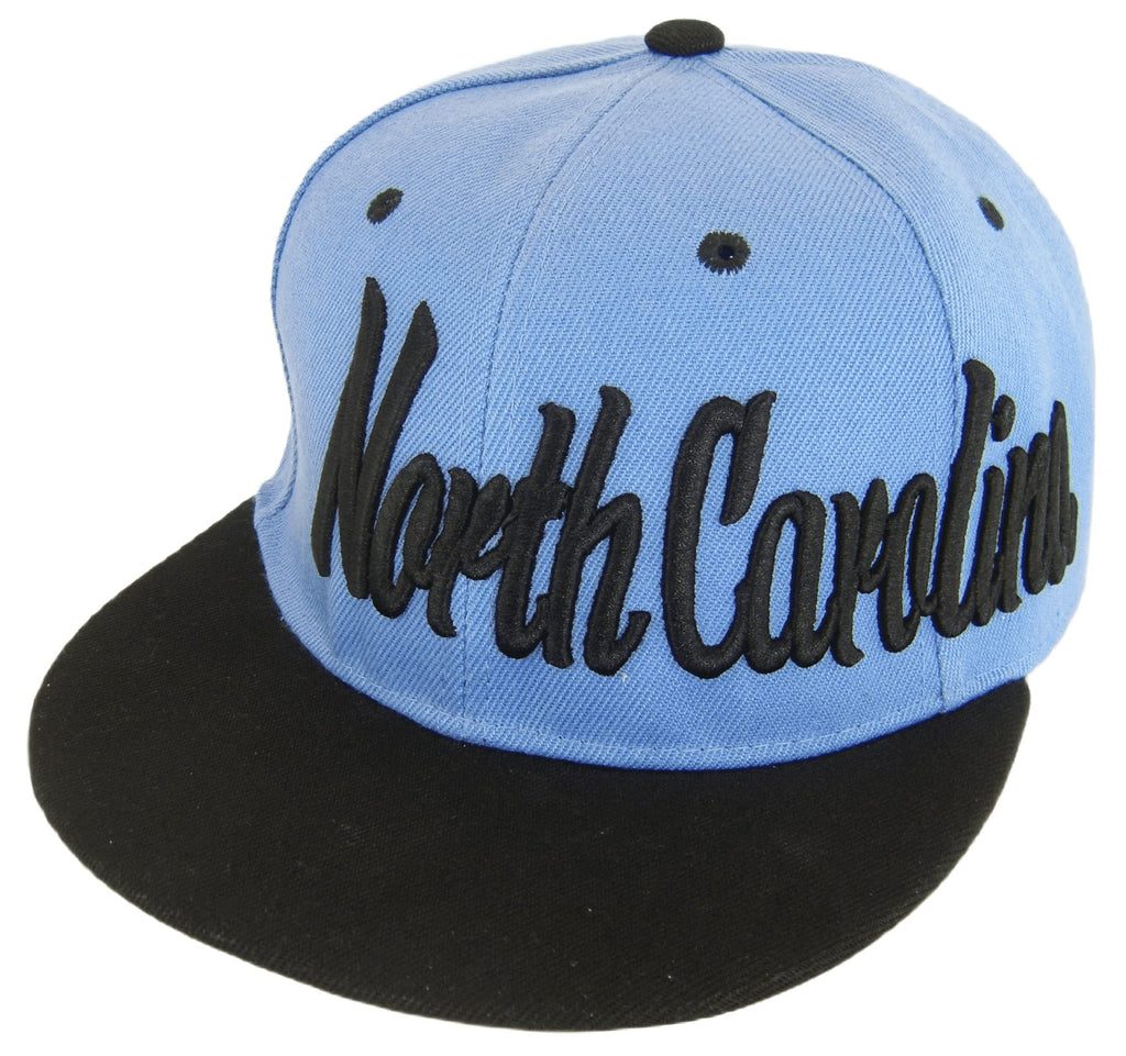 North Carolina Offset Cursive Writing Snapback Baseball Cap (Light Blue/Black), One Size