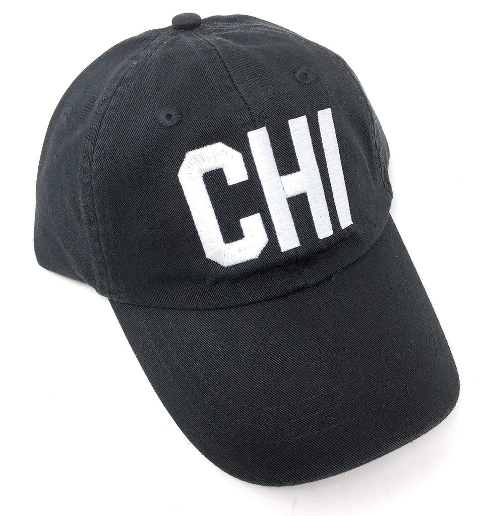 Custom Embroidered CHI Chicago Illinois Airport Code Baseball Hat (True Black w/White Lettering)